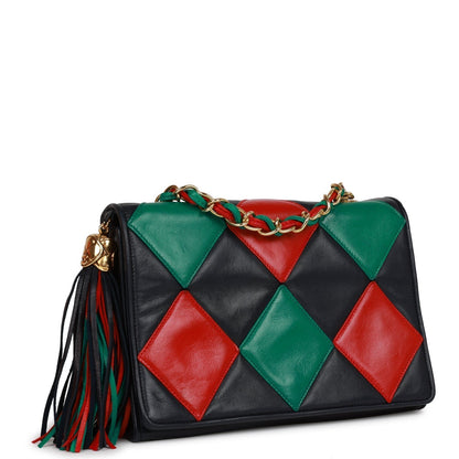 Chanel Harlequin Flap Bag Green Red And Blue Lambskin Gold Hardware