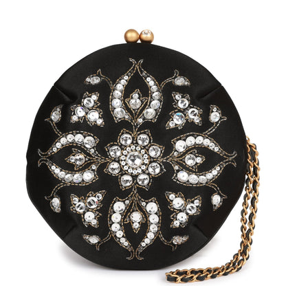 Chanel Clutch Bag Black Satin Embellished Antique Gold Hardware