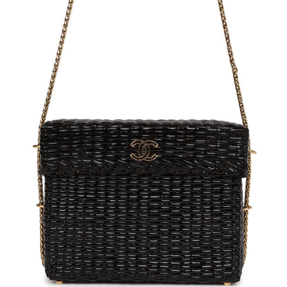 Chanel Wicker Picnic Basket Bag Black Gold Hardware