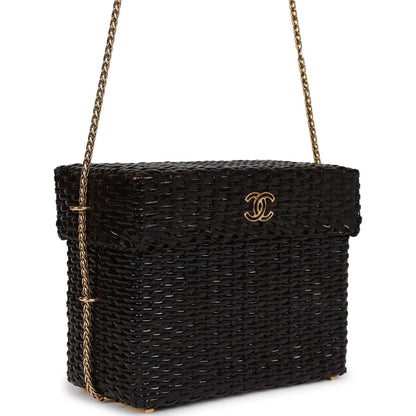 Chanel Wicker Picnic Basket Bag Black Gold Hardware