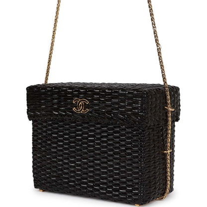 Chanel Wicker Picnic Basket Bag Black Gold Hardware