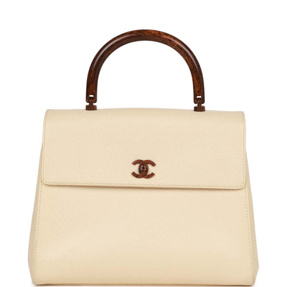 Chanel Wood Top Handle Kelly Ivory Caviar