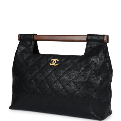 Chanel Wood Top Handle Bag Black Caviar Gold Hardware