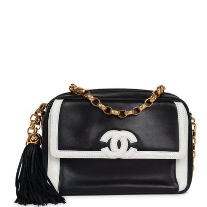 Chanel Fringe Chain Camera Bag Navy And White Lambskin Gold Hardware