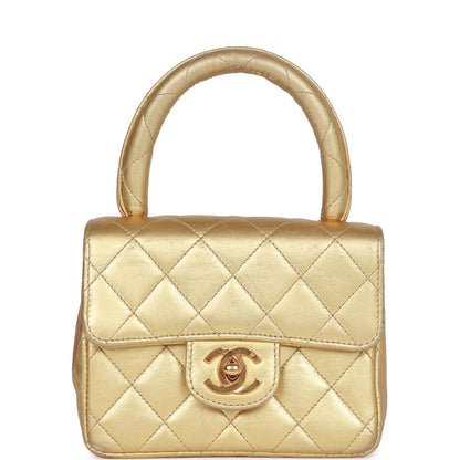 Chanel Mini Top Handle Kelly Child Flap Bag Gold Metallic Lambskin Gold Hardware