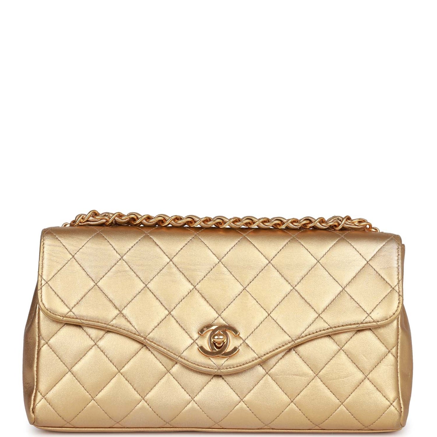 Chanel Clutch Flap Bag With Handle Gold Metallic Lambskin Gold Hardware