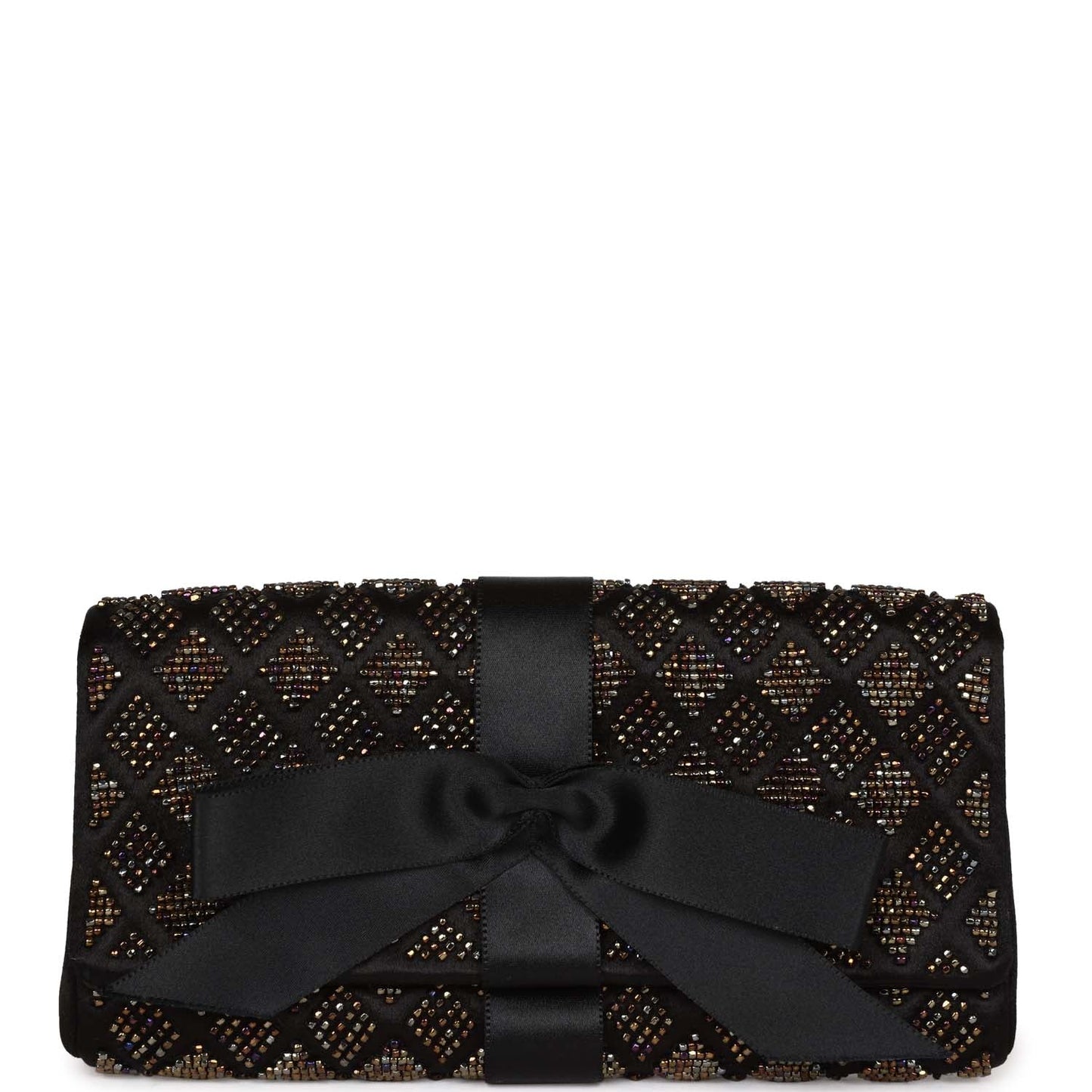 Chanel Bead Embellished Bow Flap Clutch Black Satin