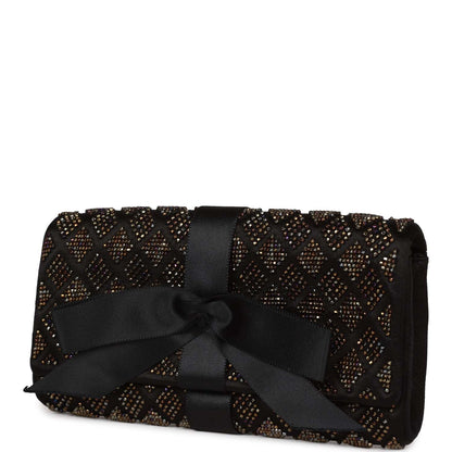 Chanel Bead Embellished Bow Flap Clutch Black Satin