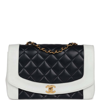 Chanel Small Diana Flap Bag White And Navy Lambskin Gold Hardware