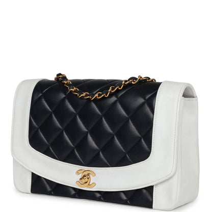 Chanel Small Diana Flap Bag White And Navy Lambskin Gold Hardware