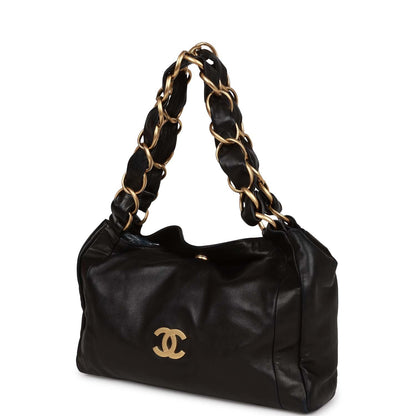 Chanel Olsen Hobo Shoulder Bag Black Lambskin Brushed Gold Hardware