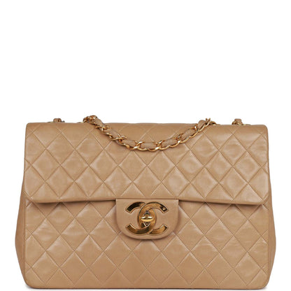 Chanel Xl Maxi Flap Bag Beige Lambskin Gold Hardware
