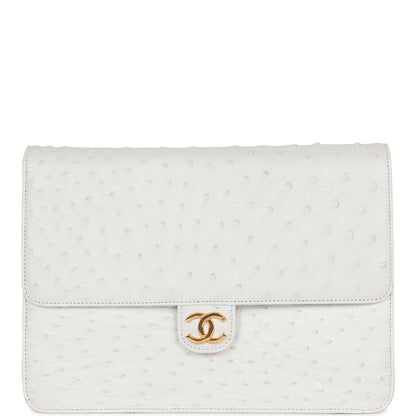 Chanel Single Flap Bag White Ostrich Gold Hardware