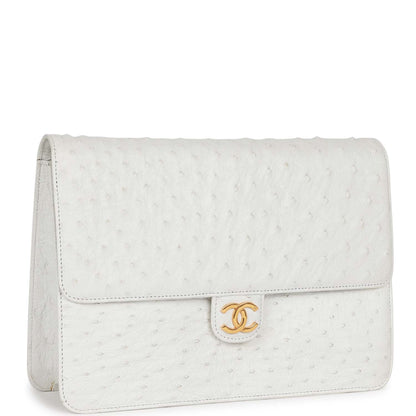 Chanel Single Flap Bag White Ostrich Gold Hardware