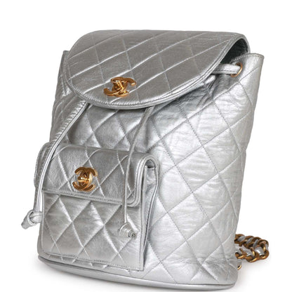 Chanel Duma Backpack Silver Metallic Lambskin Gold Hardware