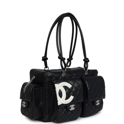 Chanel Large Cambon Ligne Reporter Bag Black And White Lambskin Silver Hardware
