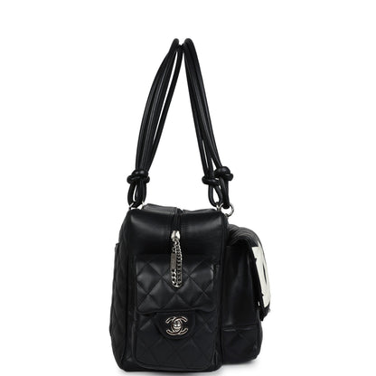 Chanel Large Cambon Ligne Reporter Bag Black And White Lambskin Silver Hardware