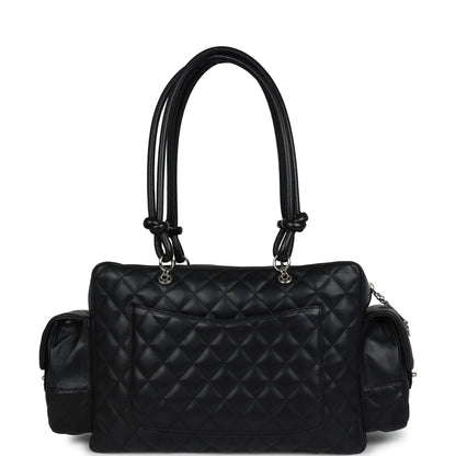 Chanel Large Cambon Ligne Reporter Bag Black And White Lambskin Silver Hardware