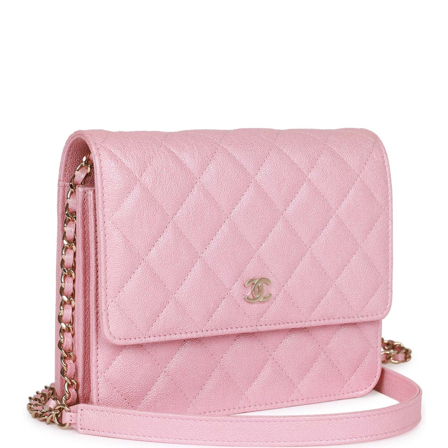 Chanel Square Wallet On Chain WOC Iridescent Pink Caviar Light Gold Hardware