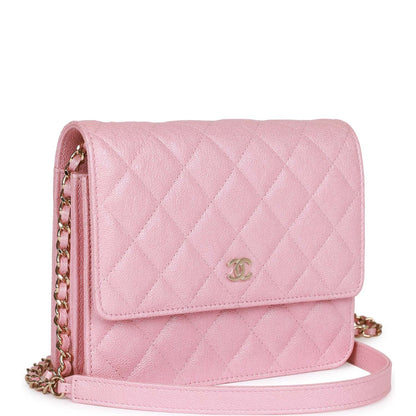 Chanel Square Wallet On Chain WOC Iridescent Pink Caviar Light Gold Hardware