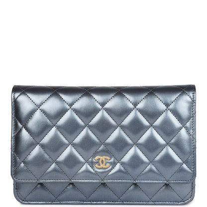 Chanel Wallet On Chain WOC Dark Blue Iridescent Calfskin Antique Gold Hardware