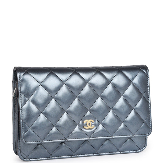 Chanel Wallet On Chain WOC Dark Blue Iridescent Calfskin Antique Gold Hardware