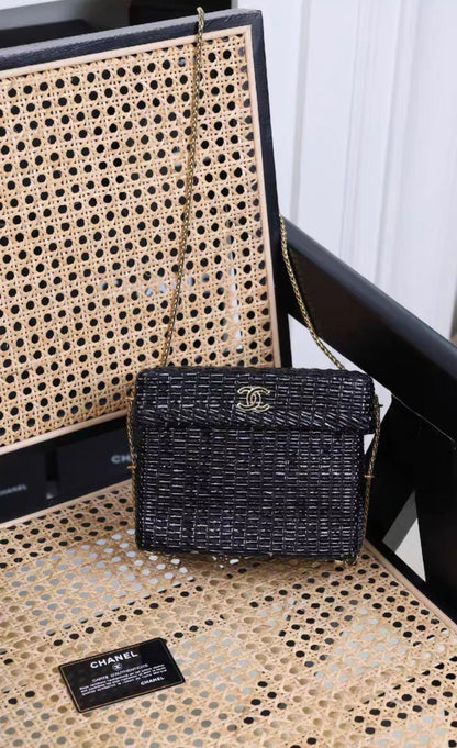 Chanel Black Wicker Cc Picnic Lunch Basket Box Bag Gold Hardware
