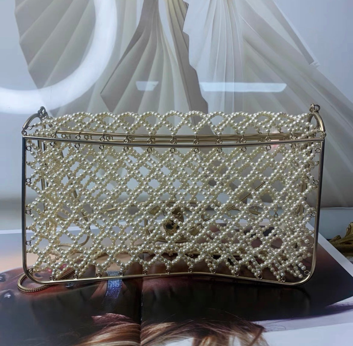 Rare Chanel Pearl Cage Classic Flap Bag Ivory Faux Pearls Silk With Pale Gold-Tone Hardware