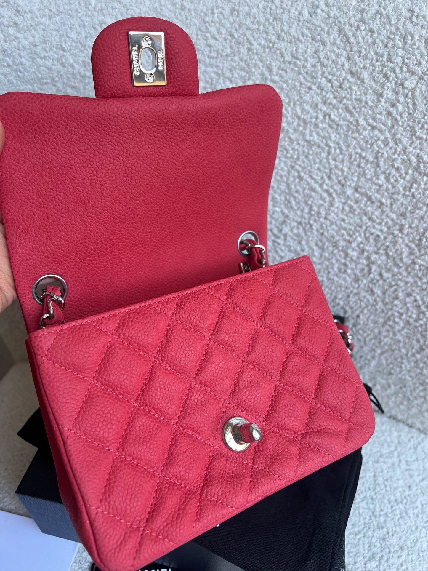 Chanel Square Mini Classic Flap in Coral Red Suede Caviar