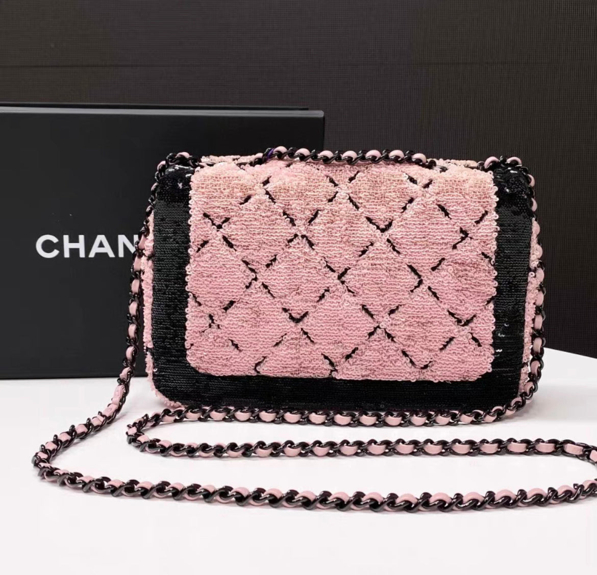 Chanel 24P Small Flap Bag Sequins Black Metal Pink Black