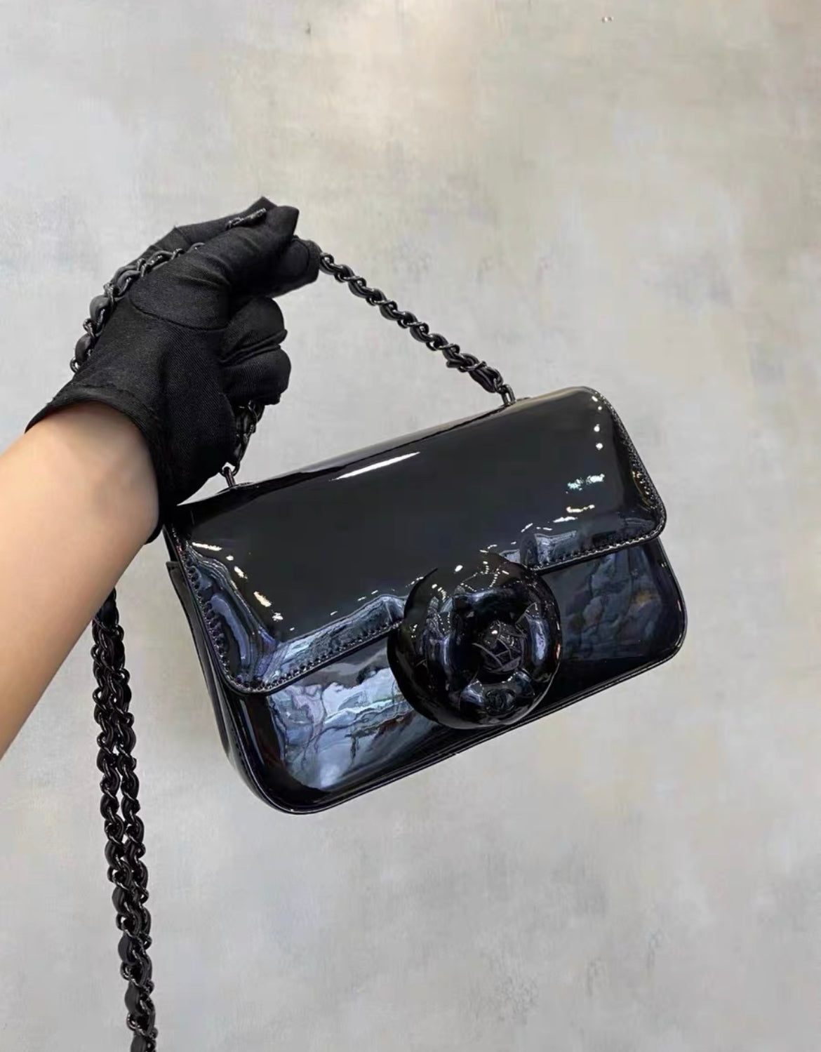 Chanel 23K Black Patent Leather Camellia Large Mini Shoulder Bag