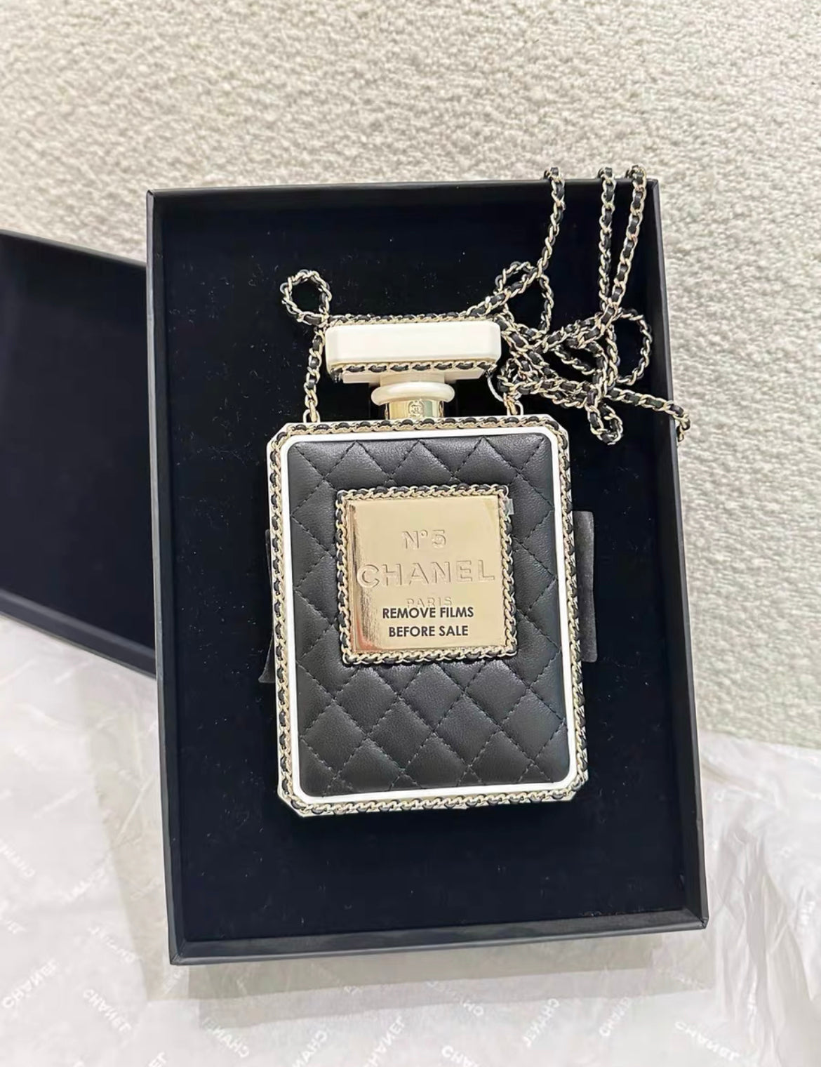 Chanel Black Quilted Leather And White Perspex Perfume Bottle Minaudiere Gold Hardware