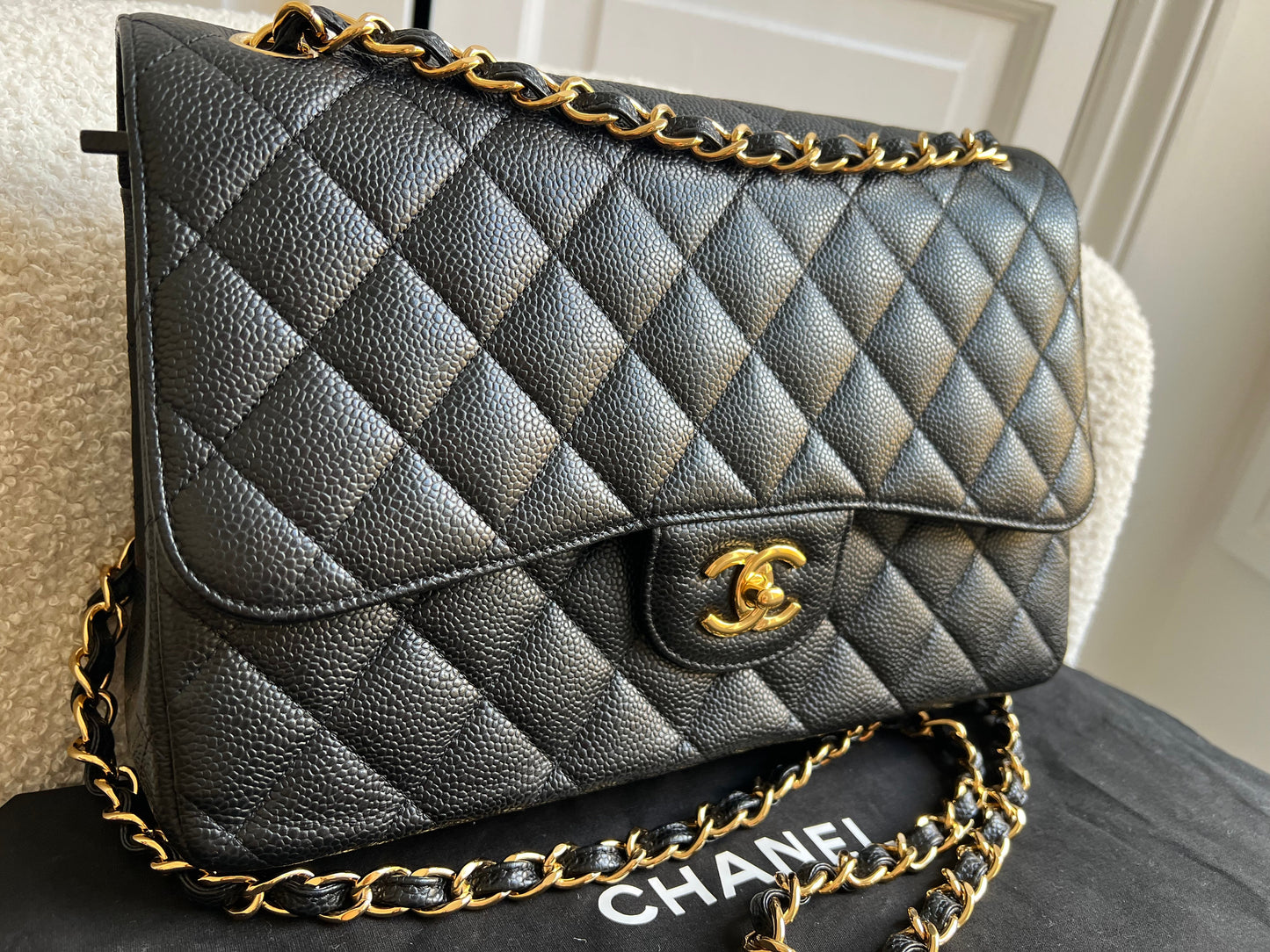 Chanel Jumbo Double Flap in Black Caviar with gold hardware (RRP £9830)