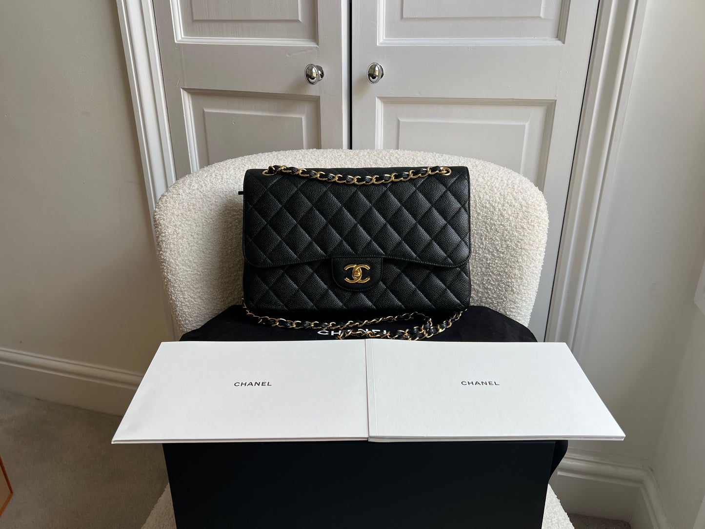 Chanel Jumbo Double Flap in Black Caviar with gold hardware (RRP £9830)