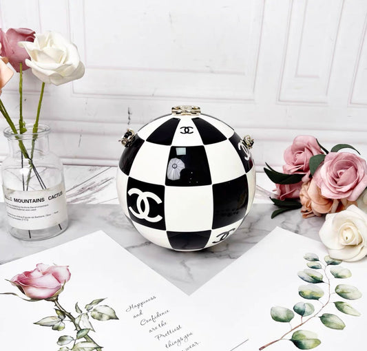 Chanel Black And White Resin And Enamel Checker Sphere Minaudiere Pale Gold Hardware 2023