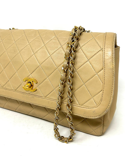 Chanel Beige Quilted Leather CC Logo Flap Shoulder Bag 24K Gold Plated -