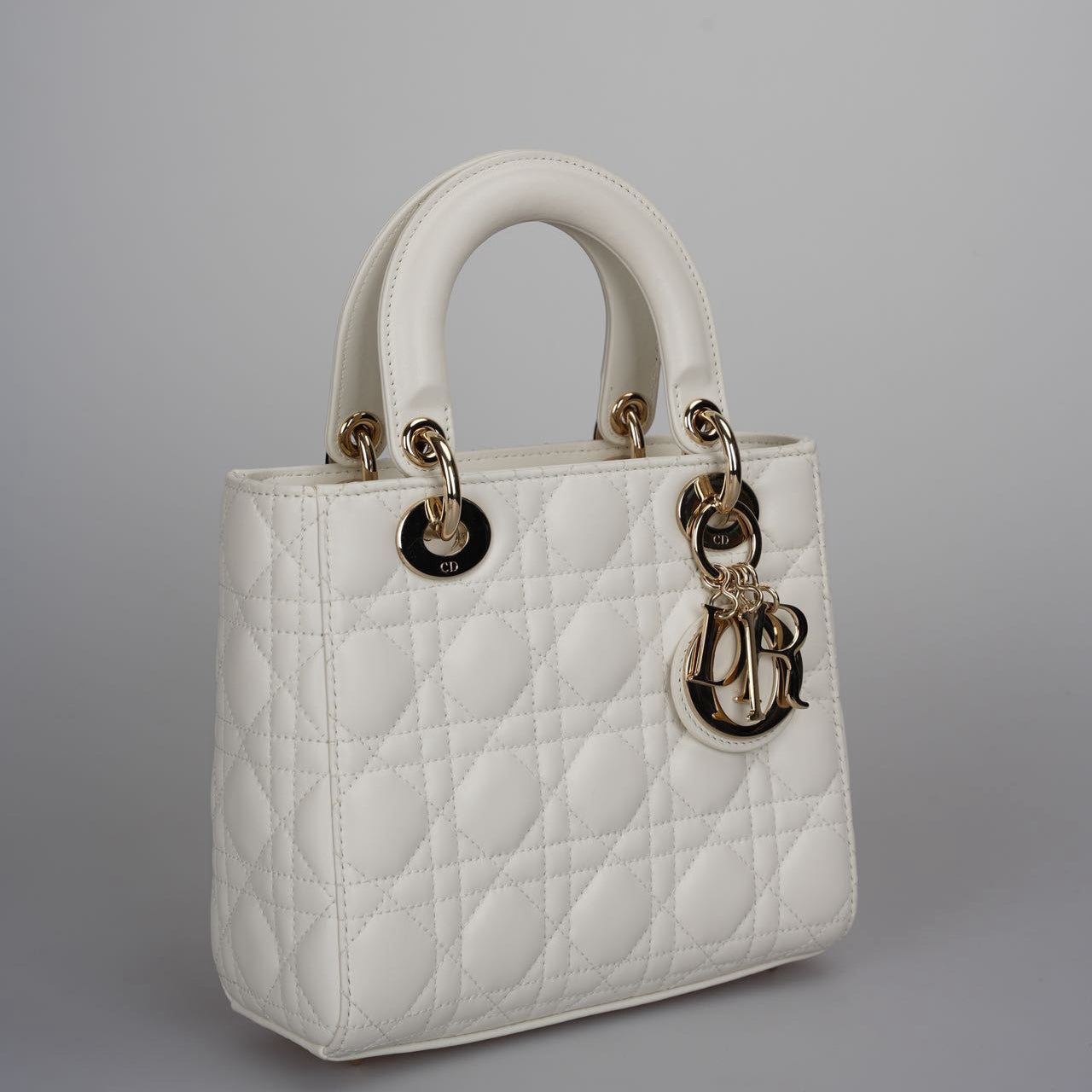 Christian Dior White Small Lady Dior Bag In Cannage Lambskin Leather With Gold Hardware 2020