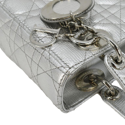 CHRISTIAN DIOR Lady Dior Lambskin Leather Shoulder Bag Metallic Silver