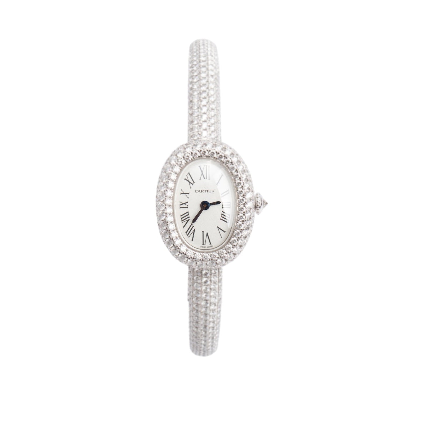 Cartier 2025 18k White Gold Paved Diamond Baignoire Quartz Watch, Mini Model 4545 w/ Box & Papers