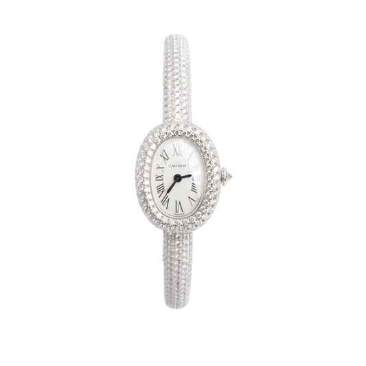 Cartier 2025 18k White Gold Paved Diamond Baignoire Quartz Watch, Mini Model 4545 w/ Box & Papers