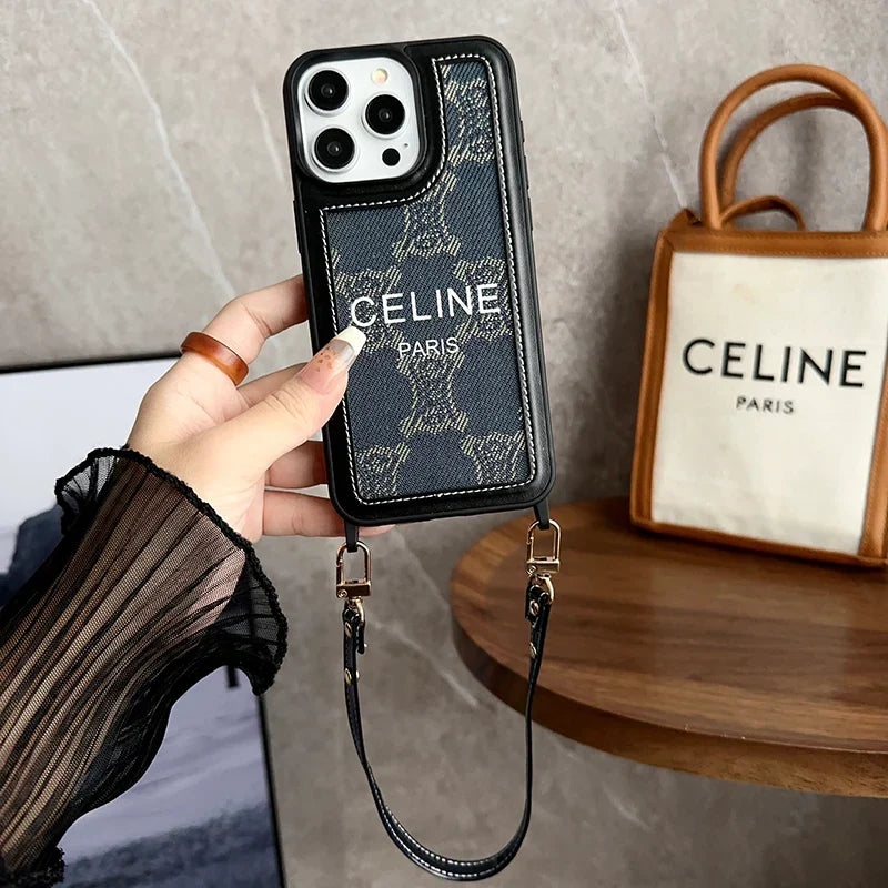 Celine Phone Case With Strap Fabric and Faux Leather