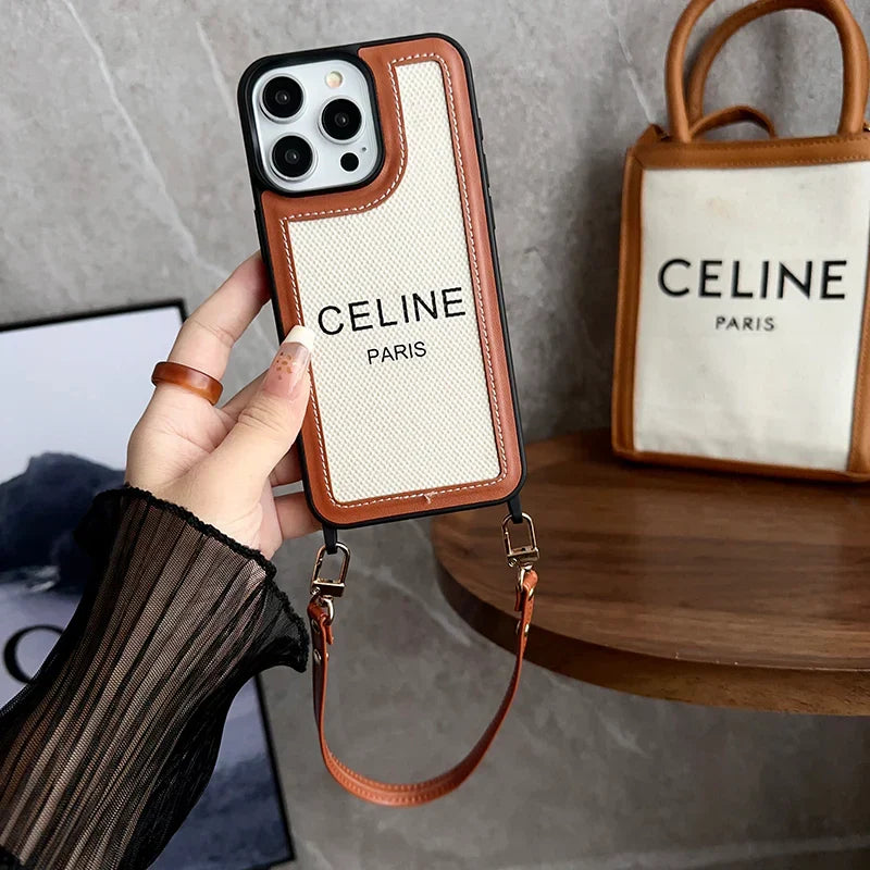 Celine Phone Case With Strap Fabric and Faux Leather