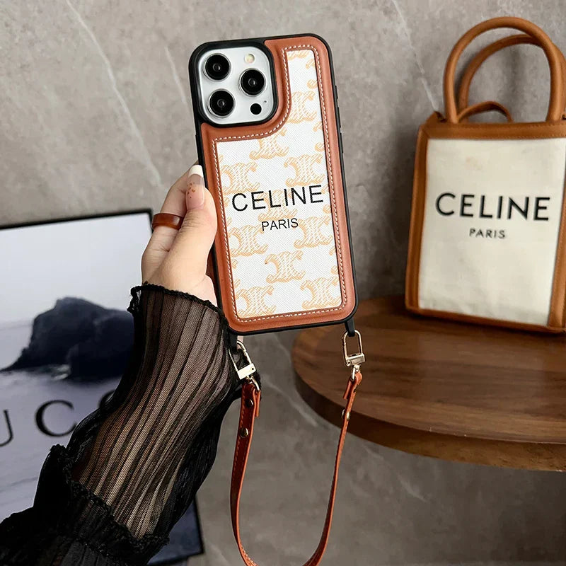 Celine Phone Case With Strap Fabric and Faux Leather