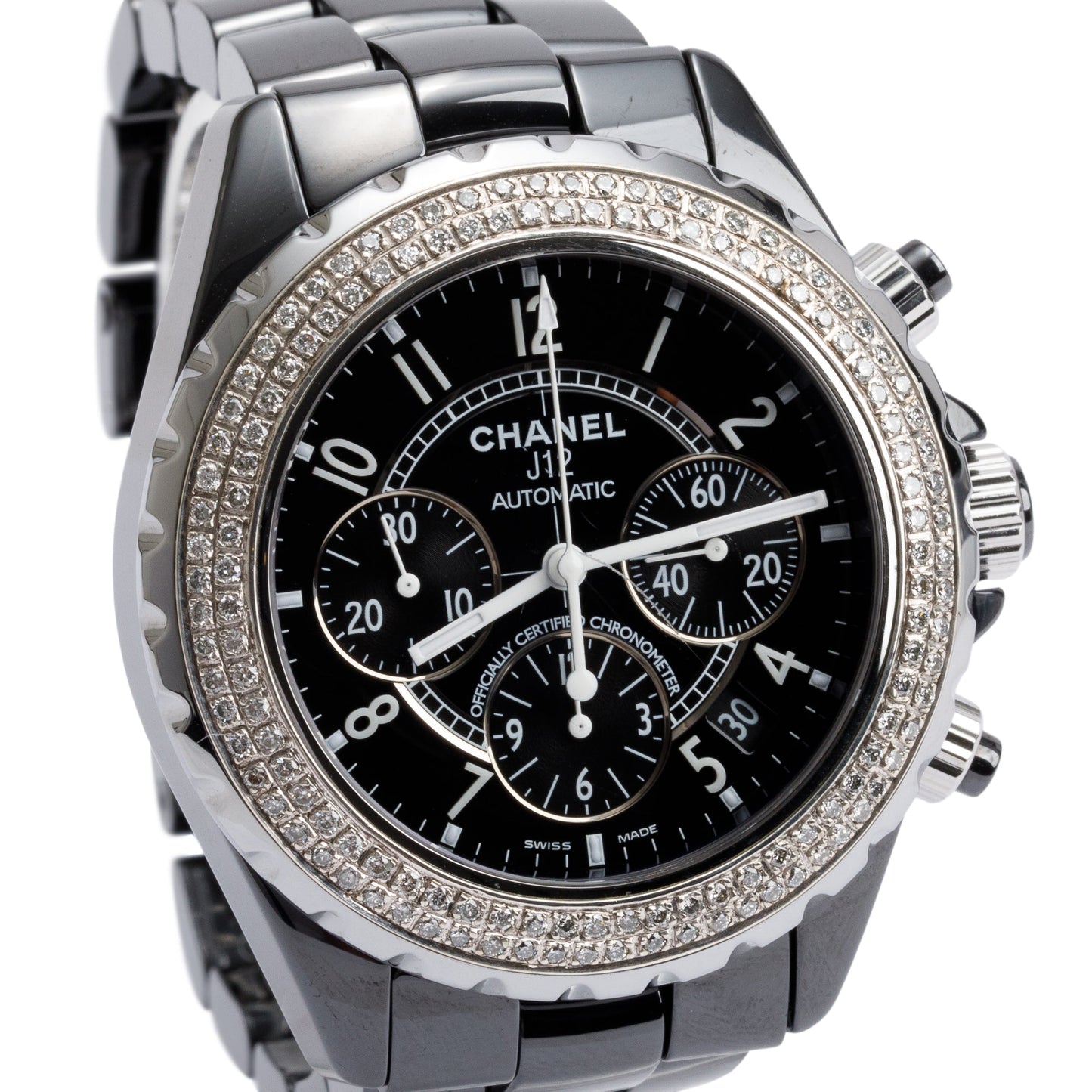 Chanel Black Ceramic Diamond Bezel Chronograph J12 41 MM Automatic Watch