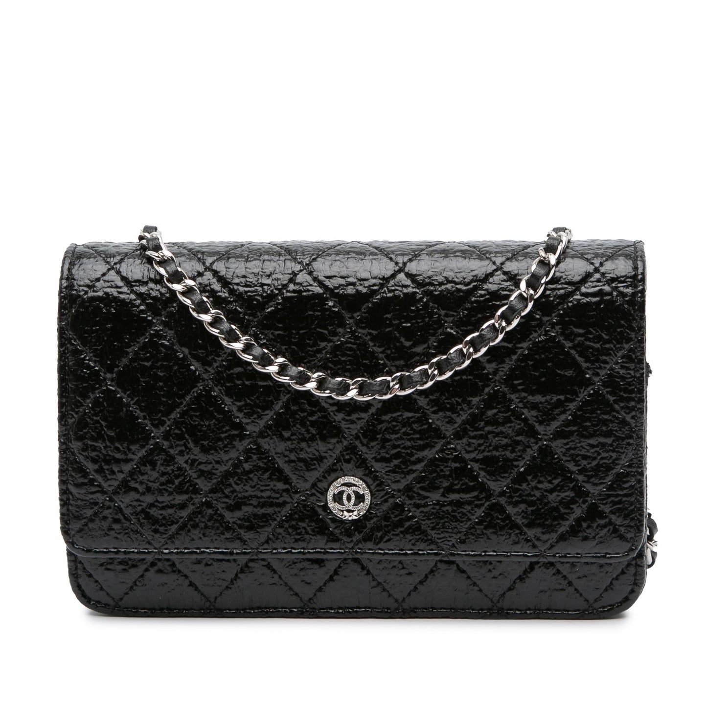 Chanel Cc Quilted Crinkled Patent Wallet On Chain