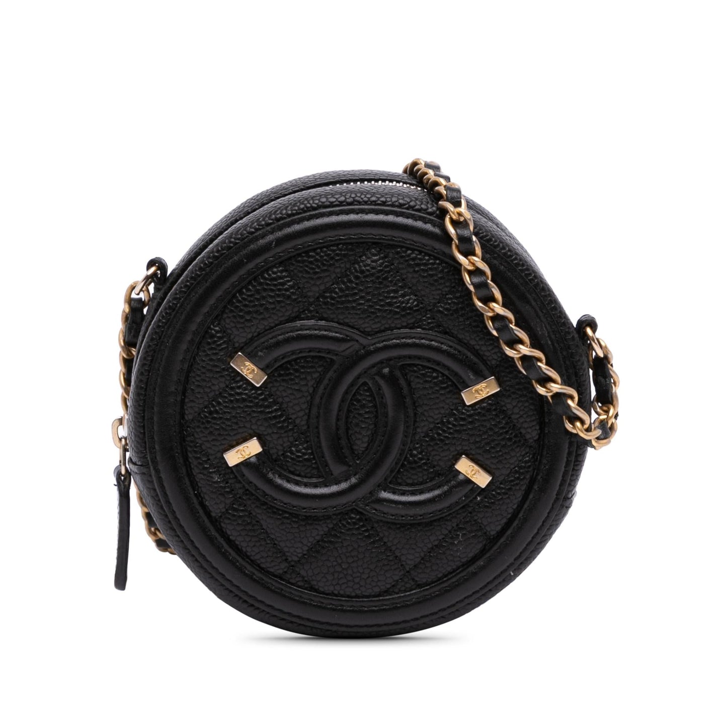 Chanel Caviar Cc Filigree Round Clutch With Chain