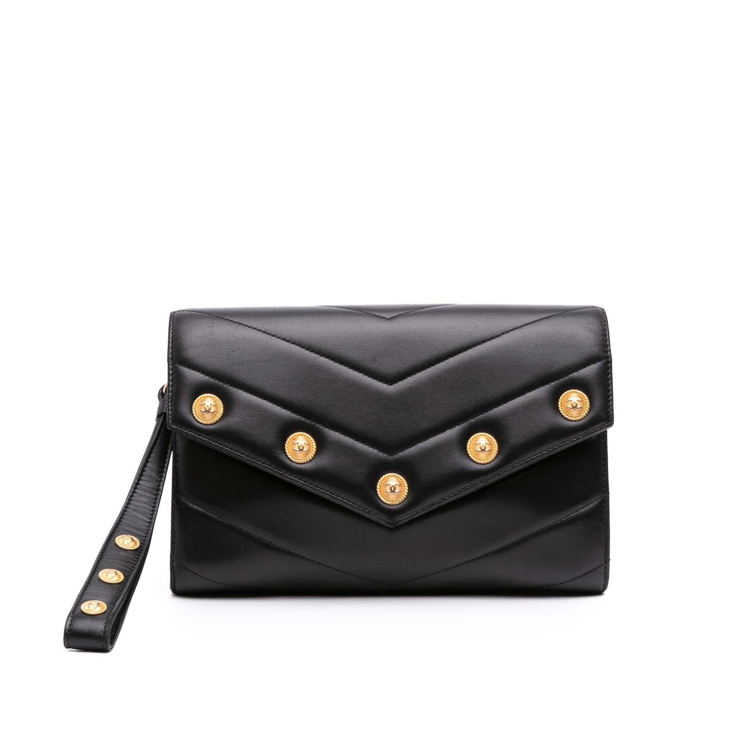 Chanel Chevron Lambskin Cc Medallion Button Flap Clutch