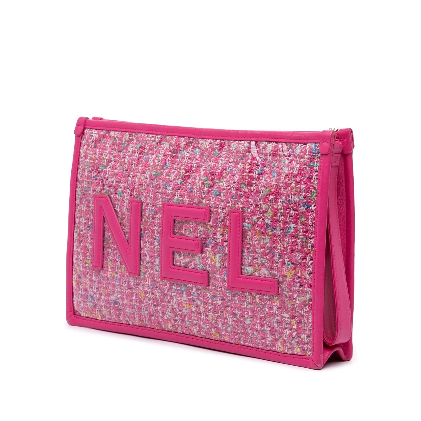 Chanel Large Tweed Pvc Logo Wristlet Pouch