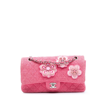 Chanel Medium Classic Tweed Beaded Flower Double Flap