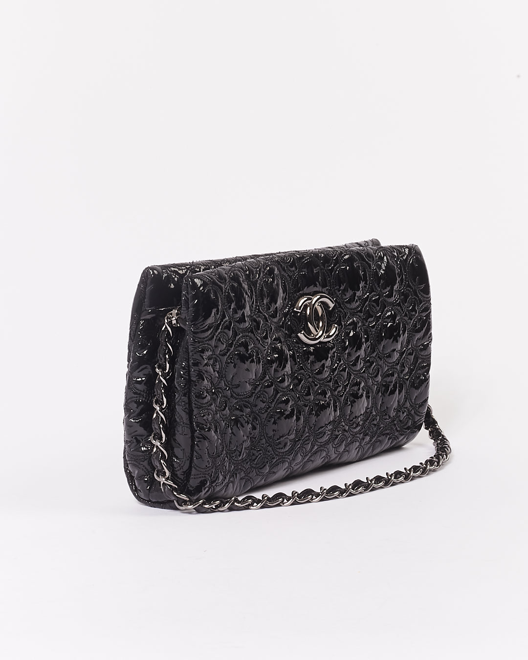 Chanel Black Patent Camellia Flower Pochette Chain Shoulder Bag
